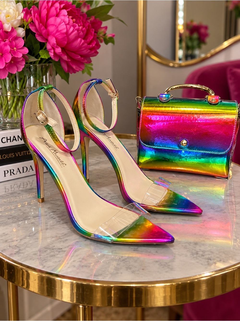 Metallic Rainbow Ankle-Strap Pointed-Toe Stiletto Heel Size 10 Handbag Combo
